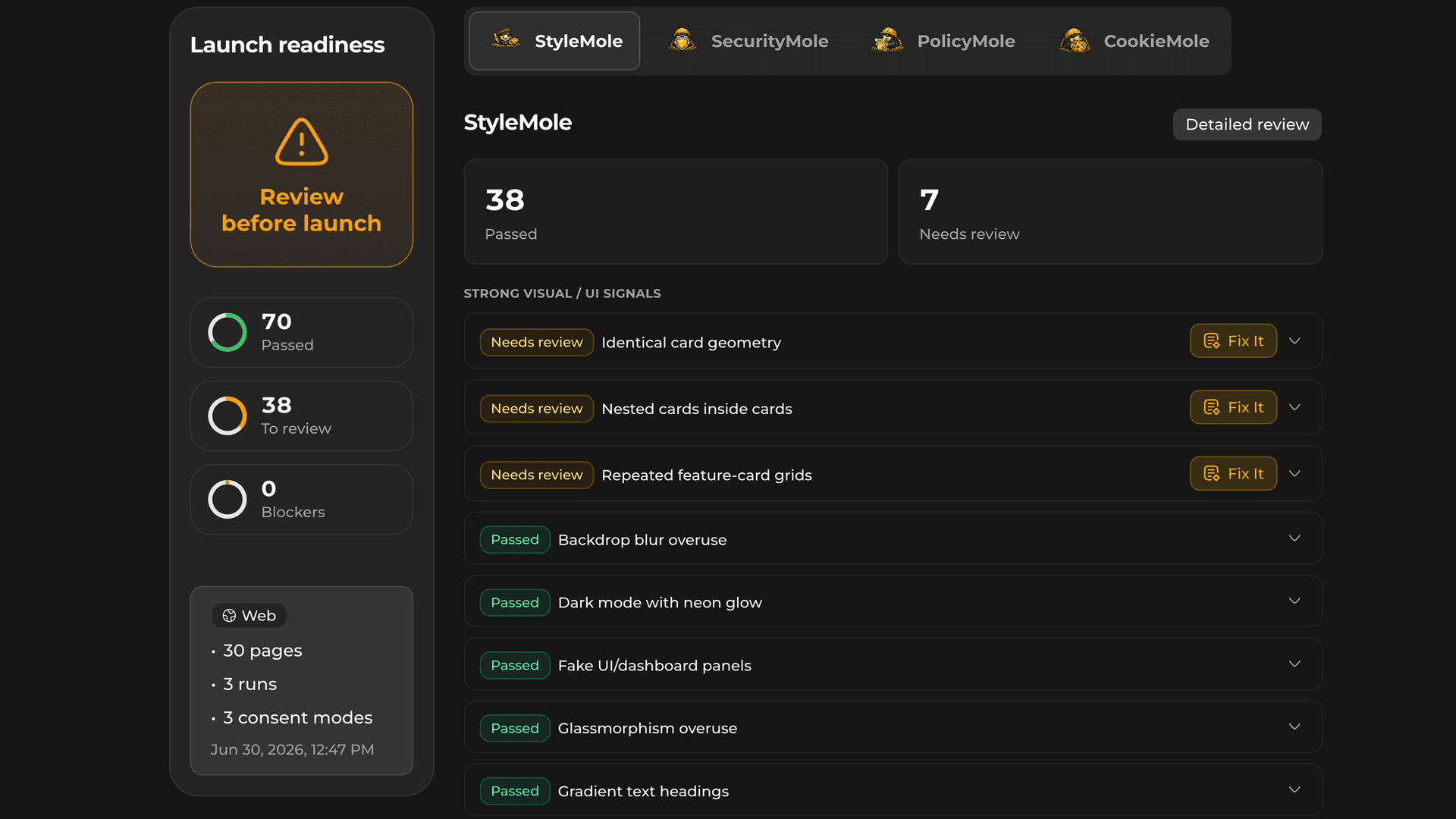 Sample VibeMole scan report showing compliance results