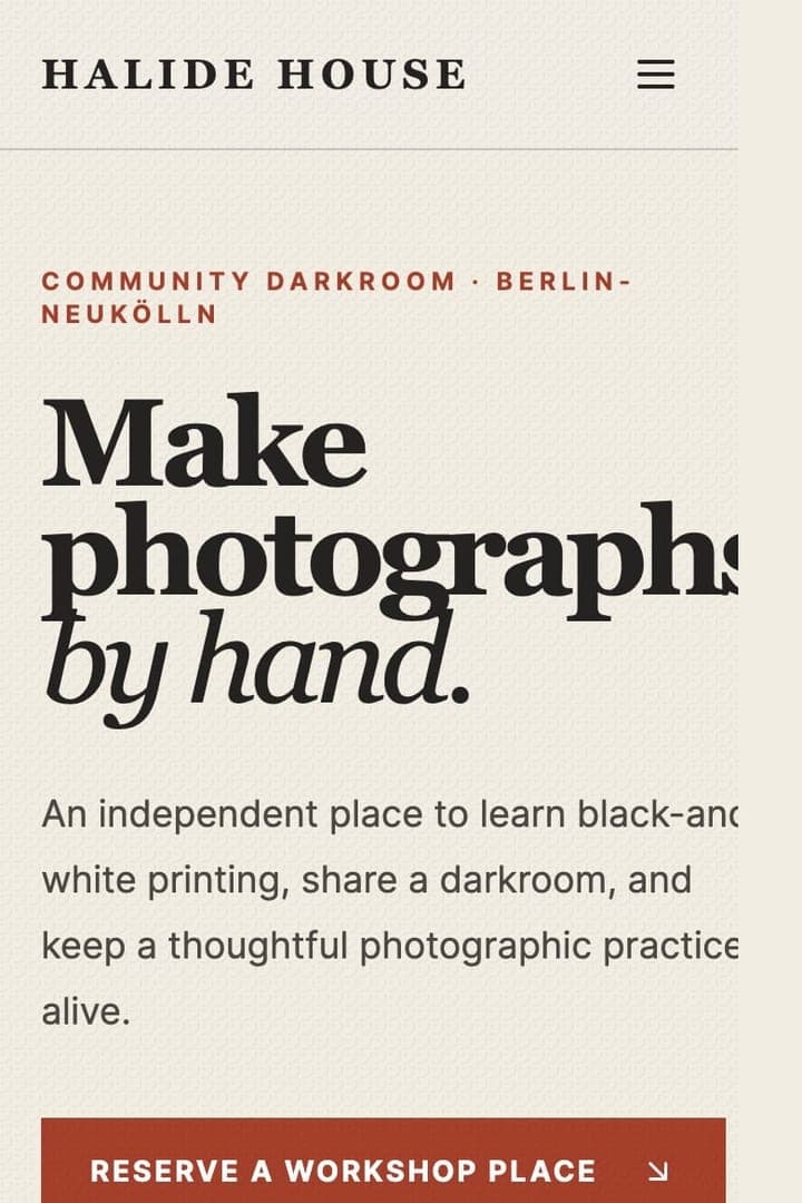Base44 mobile top crop with the Halide House header, community darkroom label, oversized serif hero, introduction, and reservation action