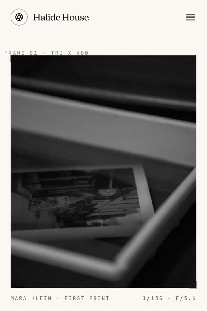 Bolt mobile top crop with the Halide House header above a large black-and-white close-up of photographic prints