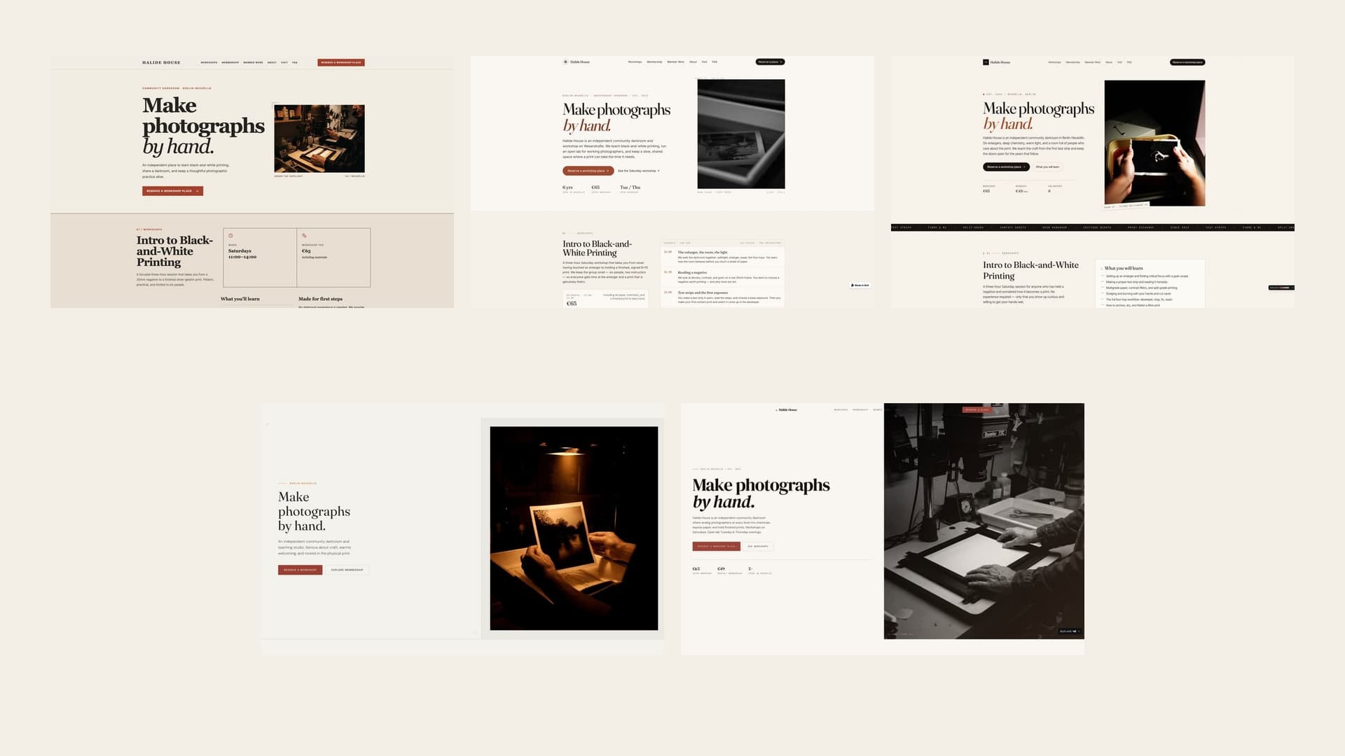 Side-by-side hero views of Halide House landing pages generated by Base44, Bolt, Lovable, Replit, and v0 from the same prompt