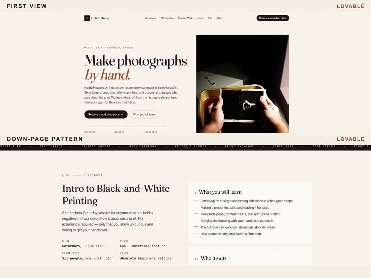 Lovable desktop evidence composite with a first view of the serif and italic hero treatment and a down-page pattern of bordered workshop cards, compact labels, and repeated section geometry