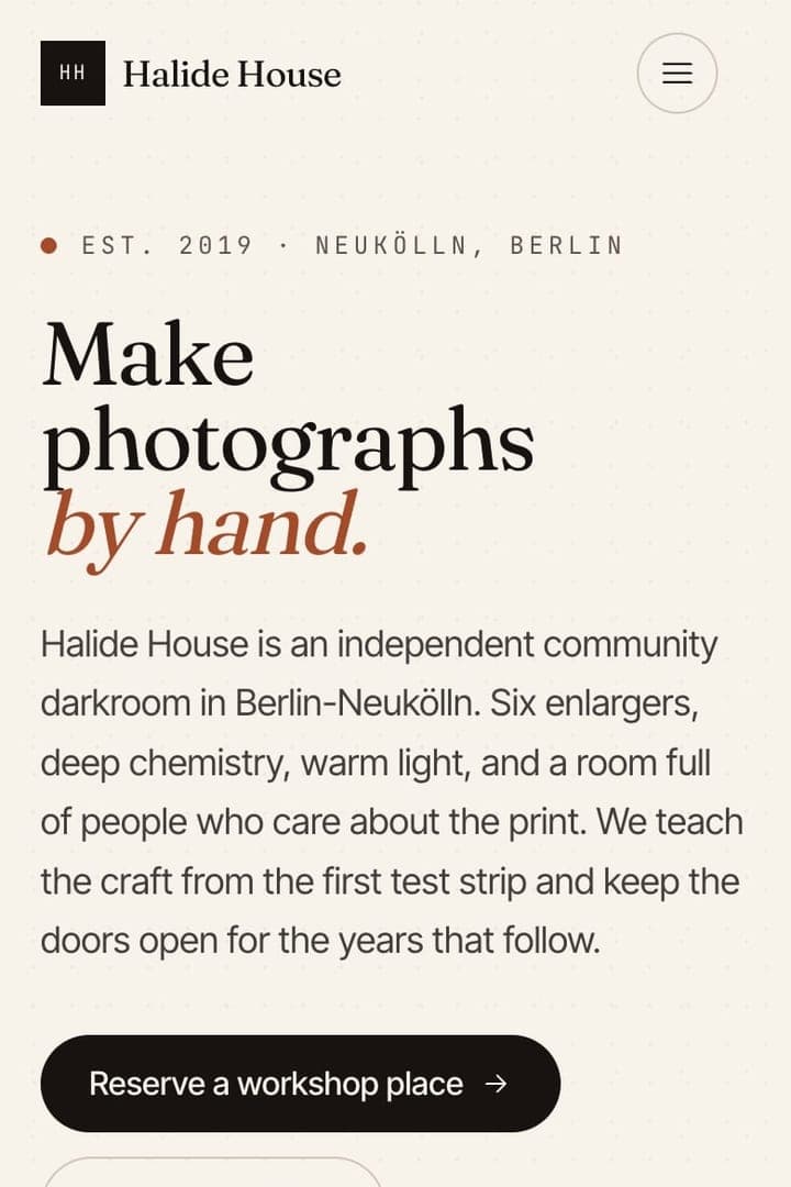 Lovable mobile top crop with the Halide House header, Berlin-Neukölln label, serif hero, introduction, and reservation action