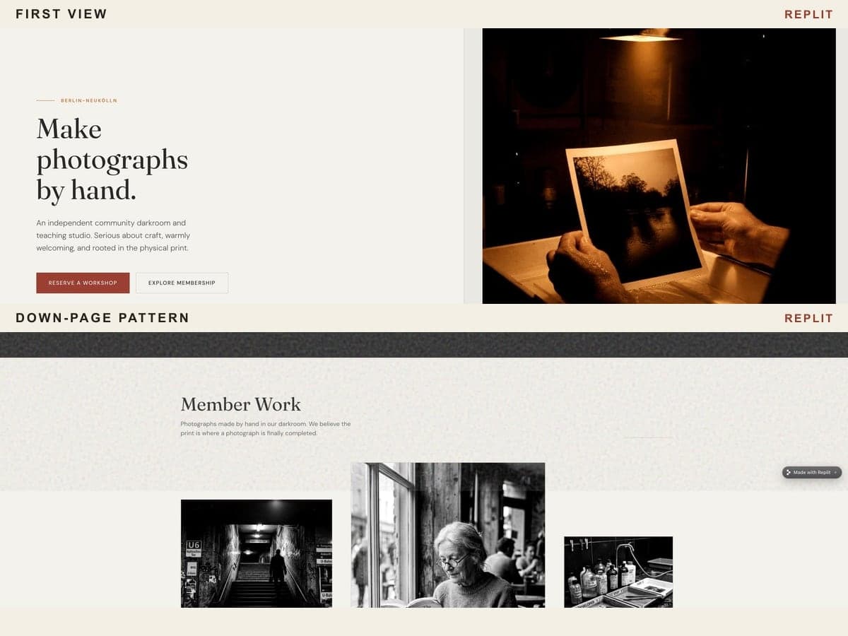 Replit desktop evidence composite with a first view of the spacious split hero and rust CTA, plus a down-page pattern of staggered gallery cards, wide spacing, and visible Made with Replit publishing residue