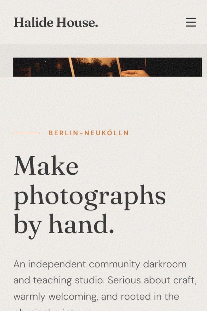 Replit mobile top crop with the Halide House header, narrow darkroom image, Berlin-Neukölln label, serif hero, and opening introduction