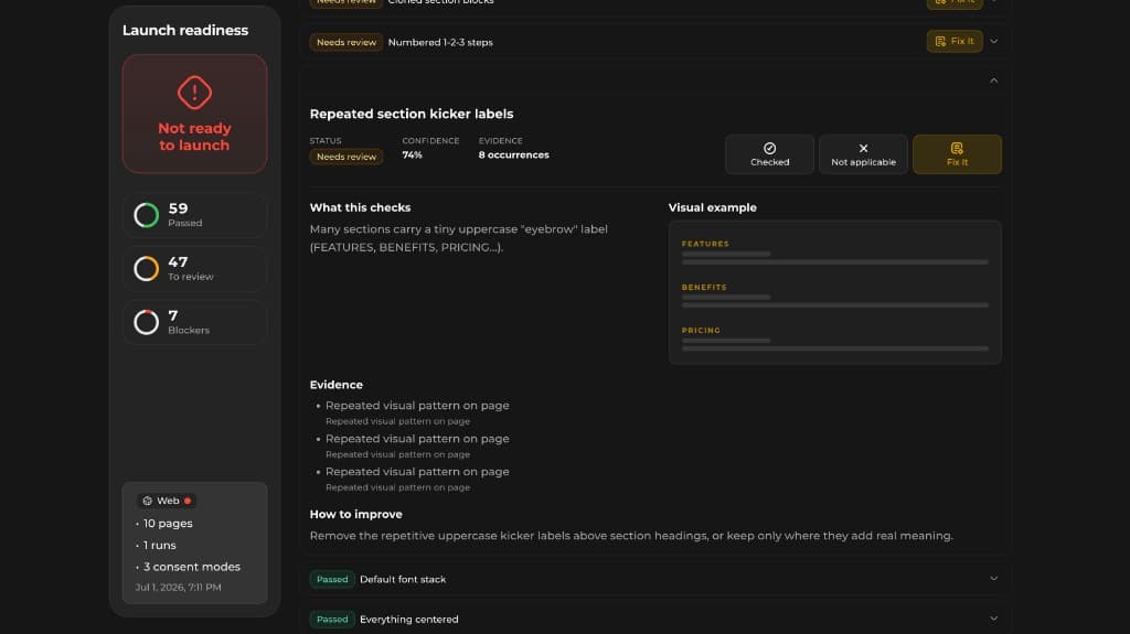 StyleMole report showing repeated uppercase section kicker labels on a vibe coded SaaS page